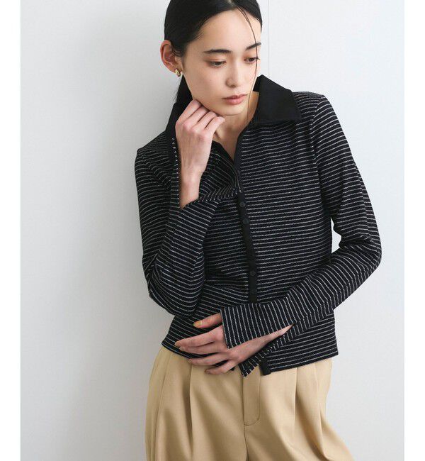 VIS「【洗える】細ボーダーポロトップス」|ポロシャツ|