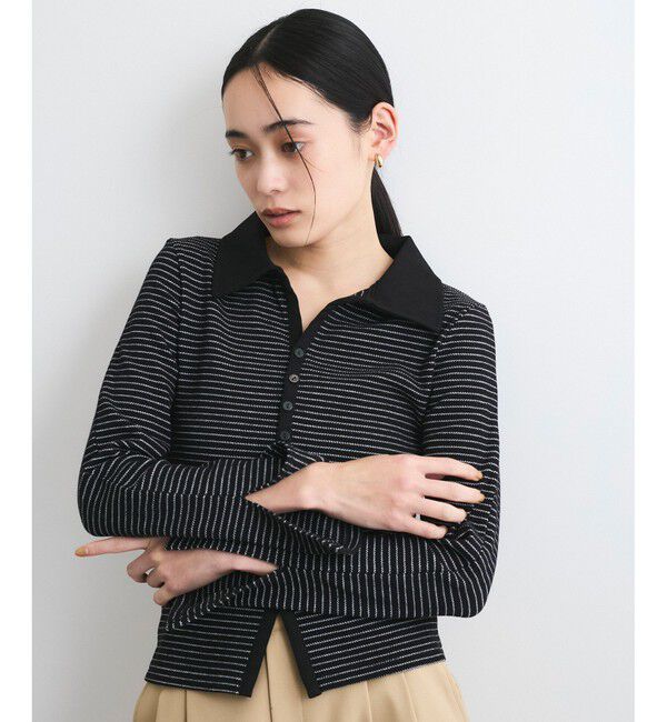 VIS「【洗える】細ボーダーポロトップス」|ポロシャツ|