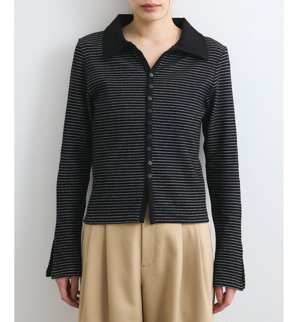 VIS「【洗える】細ボーダーポロトップス」|ポロシャツ|