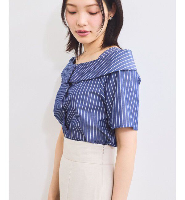 VIS「【防シワ】ラメミックスオフショルダー風ストライプシャツ」|シャツ・ブラウス|