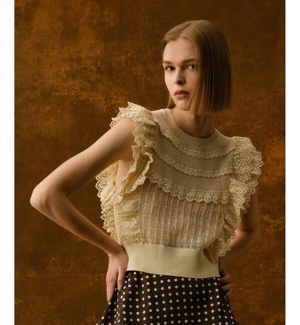 LOULOU WILLOUGHBY「【LOULOU WILLOUGHBY】レースフリルニットプルオーバー」|ニット・セーター|ベージュ
