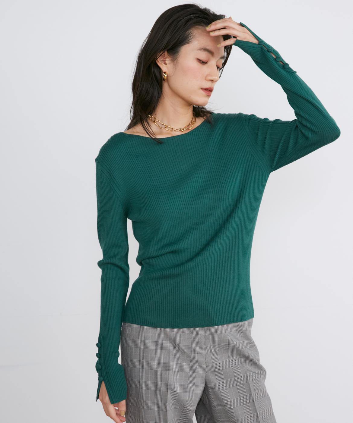 INED「《大きいサイズ》ウールリブセーター」|ニット・セーター|グリーン