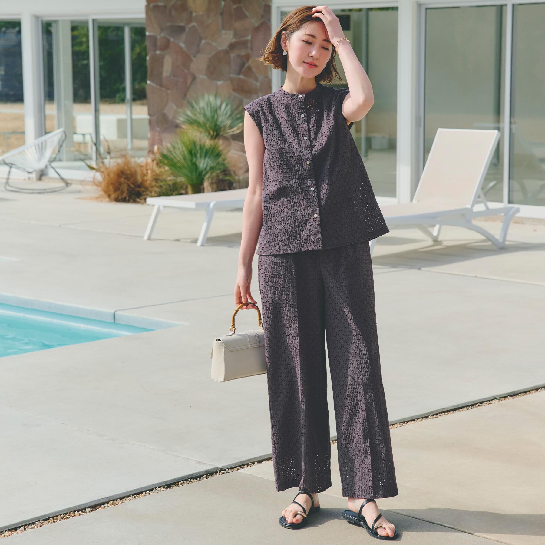 grove「繊細なレースで魅せるエンブロイダリーレースバンドカラーシャツ」|シャツ・ブラウス|