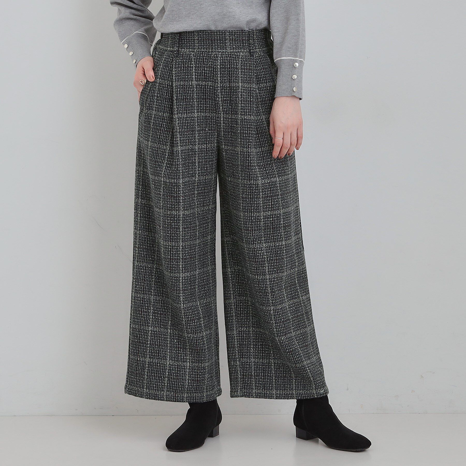 SHOO･LA･RUE「【あったか/S-LL】脚のラインをきれいに魅せる チェック柄ワイドパンツ」|その他|