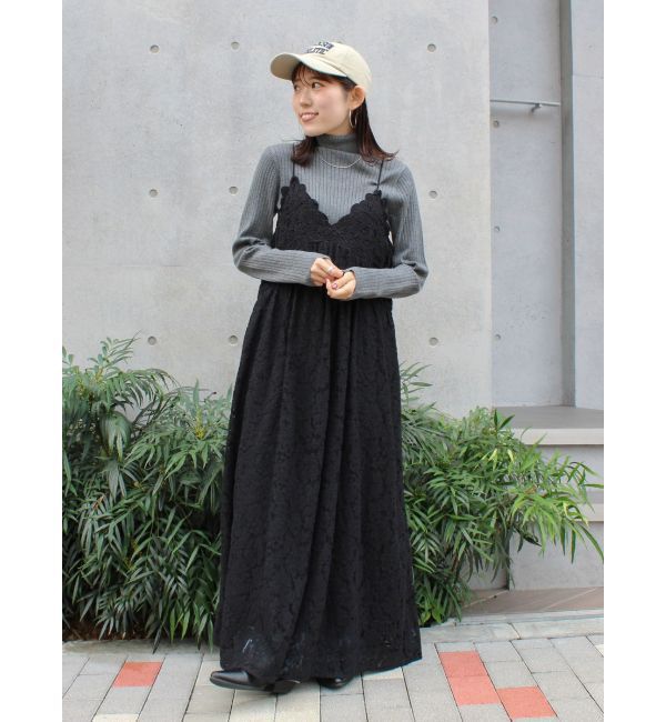 Ungrid「バテン起毛レースキャミワンピース」|ワンピース|ブラック