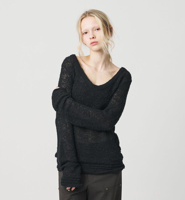 ATTISESSION「＜ATTISESSION＞メッシュ Uネック ニット トップス」|ニット・セーター|BLACK