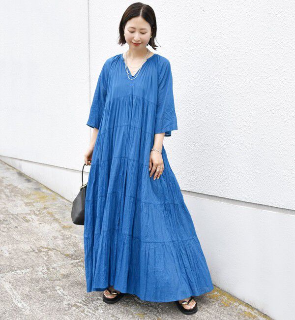 SHIPS for women「〈手洗い可能〉Fanaka:クリンクル 袖 フレア ロング ワンピース」|ワンピース|