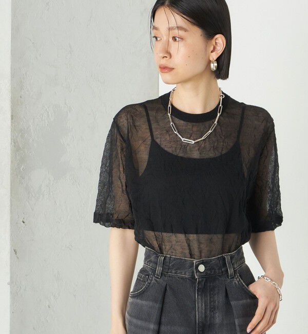 SHIPS for women「《予約》Wai＋:〈手洗い可能〉クリンクル シアー ショート スリーブ プルオーバー」|ニット・セーター|ブラック