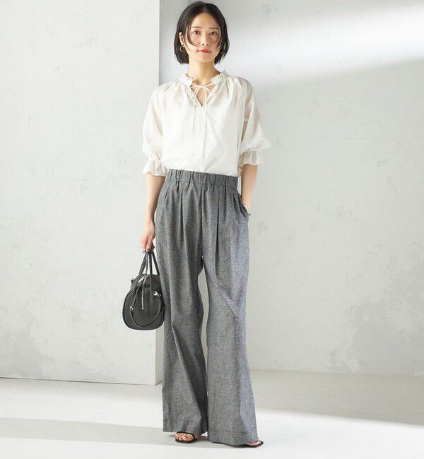 SHIPS for women「〈接触冷感・手洗い可能〉麻混 シャンブレー ウエスト ゴム ワイド パンツ」|その他|