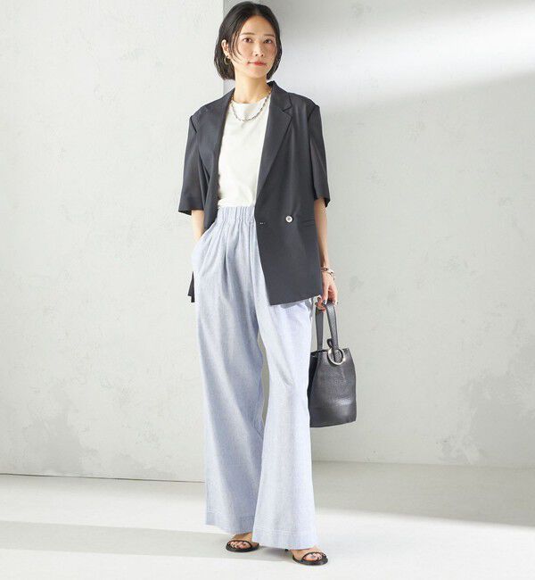 SHIPS for women「〈接触冷感・手洗い可能〉麻混 シャンブレー ウエスト ゴム ワイド パンツ」|その他|