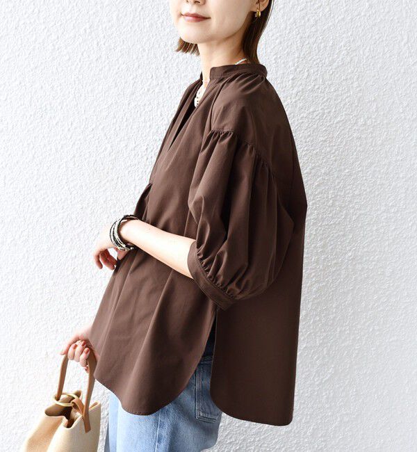 SHIPS for women「〈接触冷感 / 撥水加工〉TEX BRID(R)タフタ スキッパー 5分袖 ブラウス」|シャツ・ブラウス|ブラウン