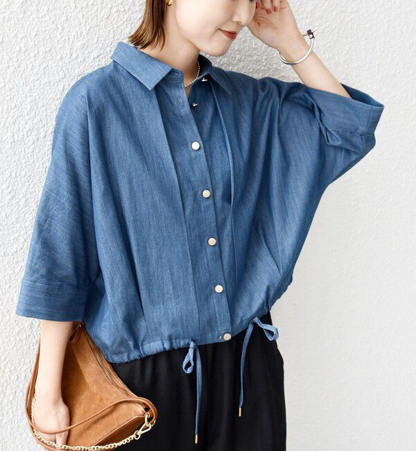 SHIPS for women「《追加予約》【WEB限定】〈手洗い可能〉デニム ライク タック 裾 ドロスト 羽織 シャツ」|シャツ・ブラウス|