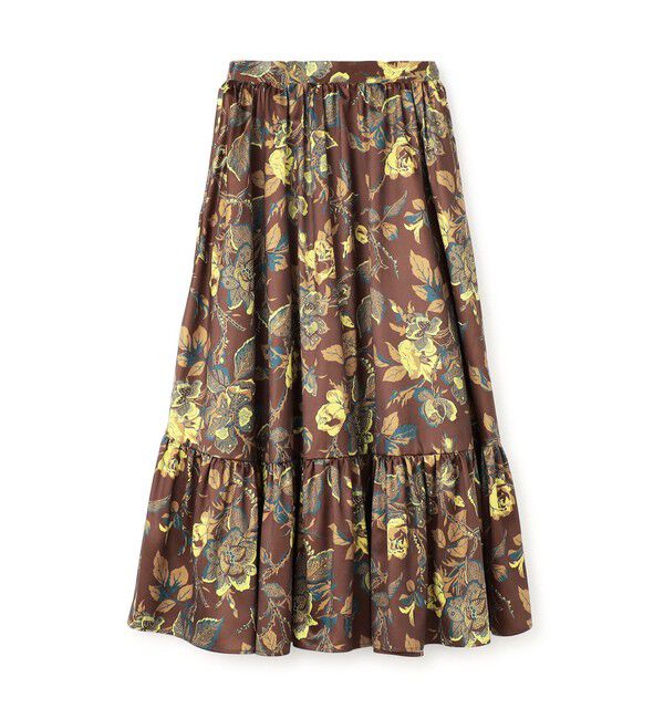 SOULEIADO「ポリエステルサテンプリント ティアードマキシスカート」|フレア|48 ダークブラウン系