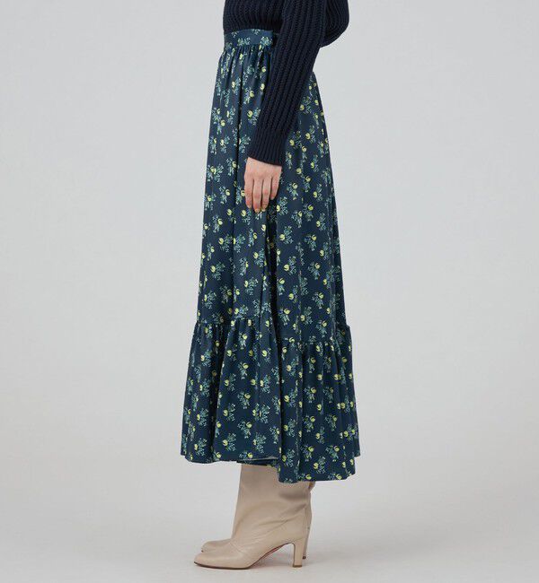 SOULEIADO「ポリエステルサテンプリント ティアードマキシスカート」|フレア|