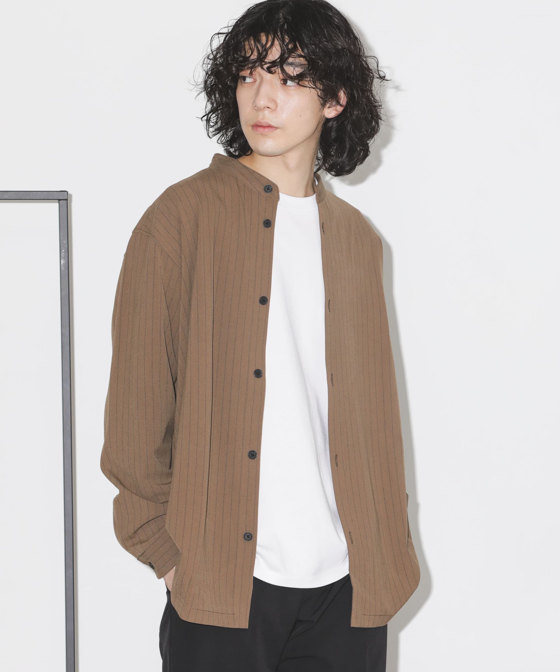 nano･universe「シルキーストライプジャージーバンドカラーシャツ」|シャツ・ブラウス|