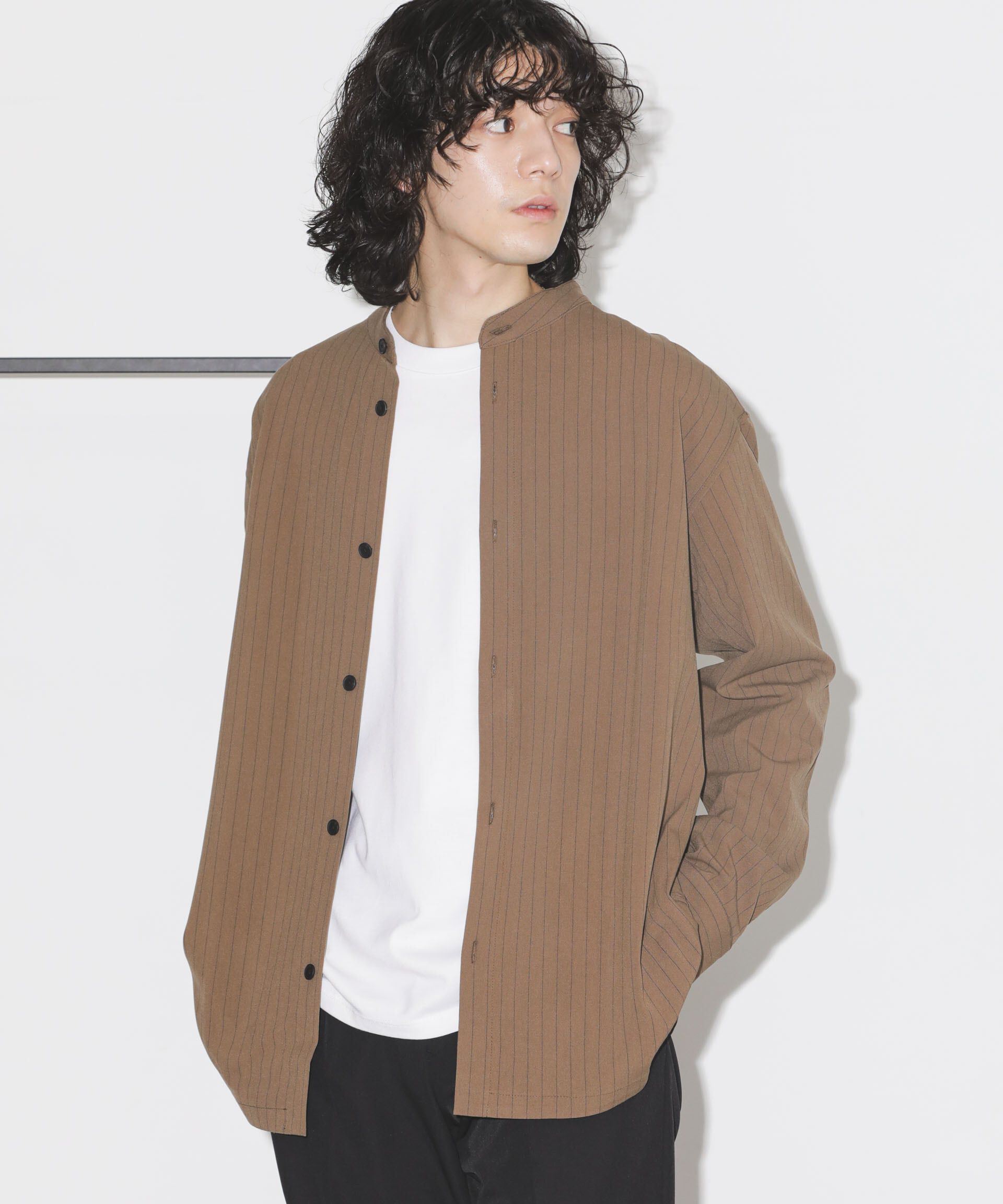 nano･universe「シルキーストライプジャージーバンドカラーシャツ」|シャツ・ブラウス|