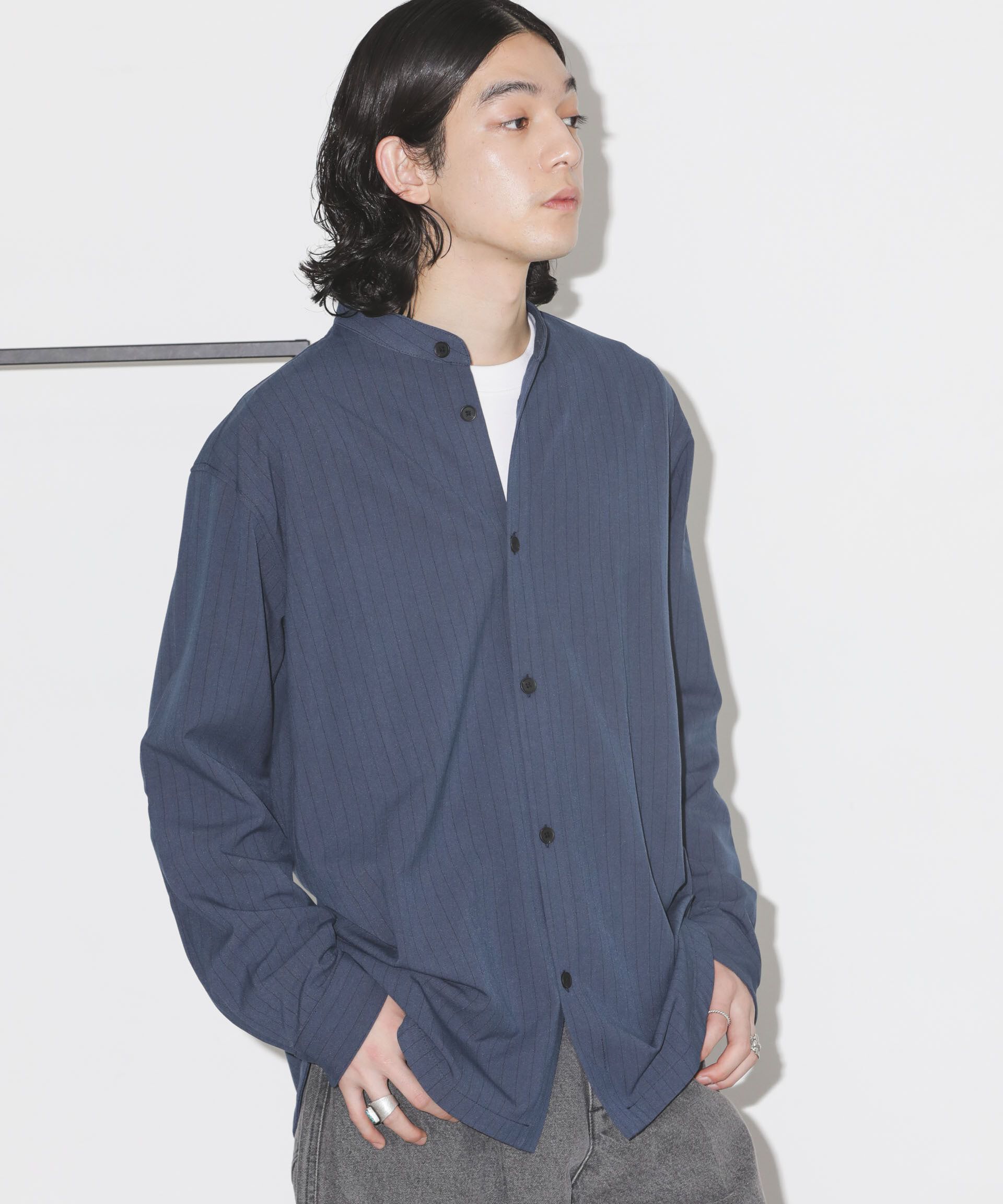 nano･universe「シルキーストライプジャージーバンドカラーシャツ」|シャツ・ブラウス|