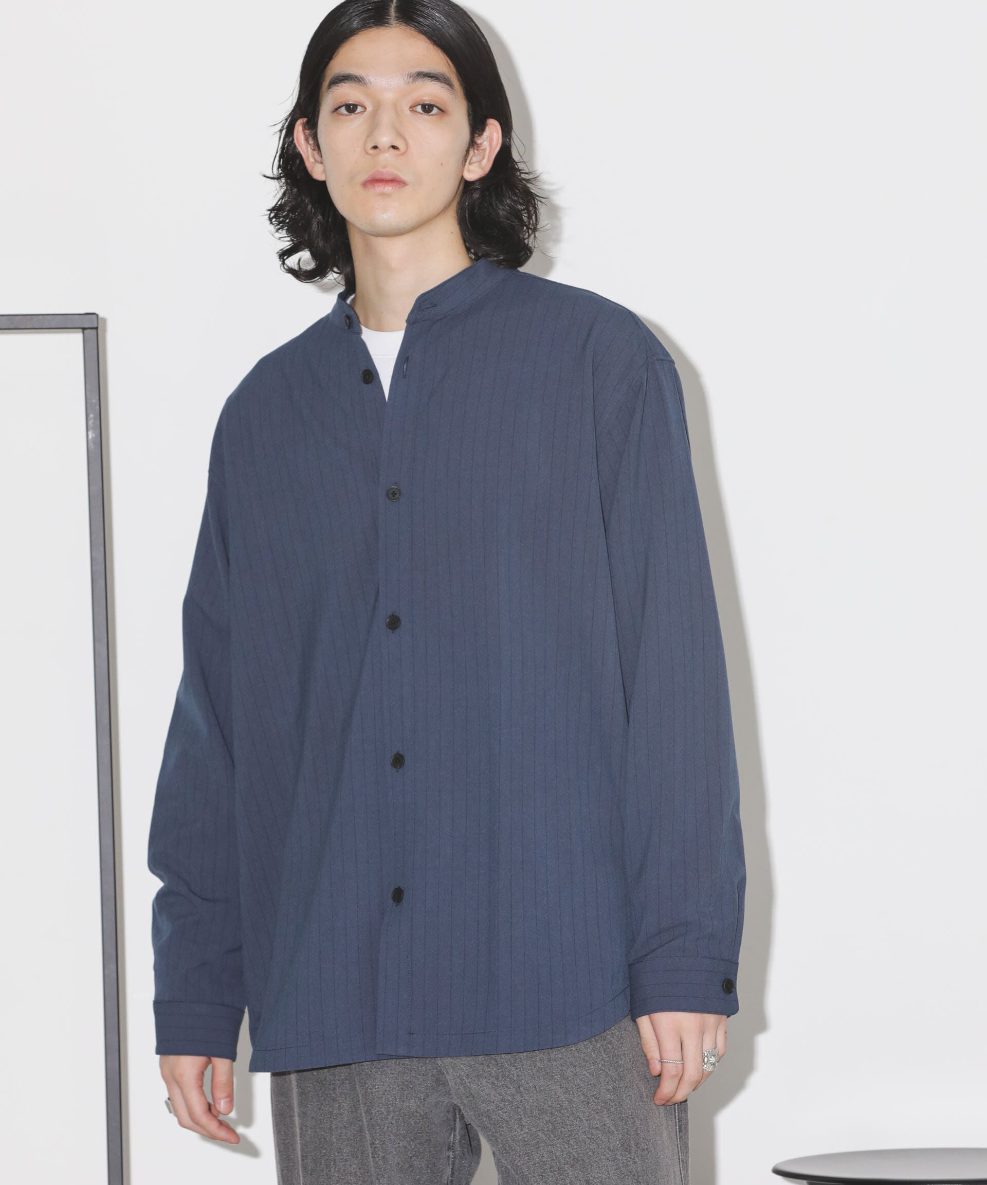 nano･universe「シルキーストライプジャージーバンドカラーシャツ」|シャツ・ブラウス|