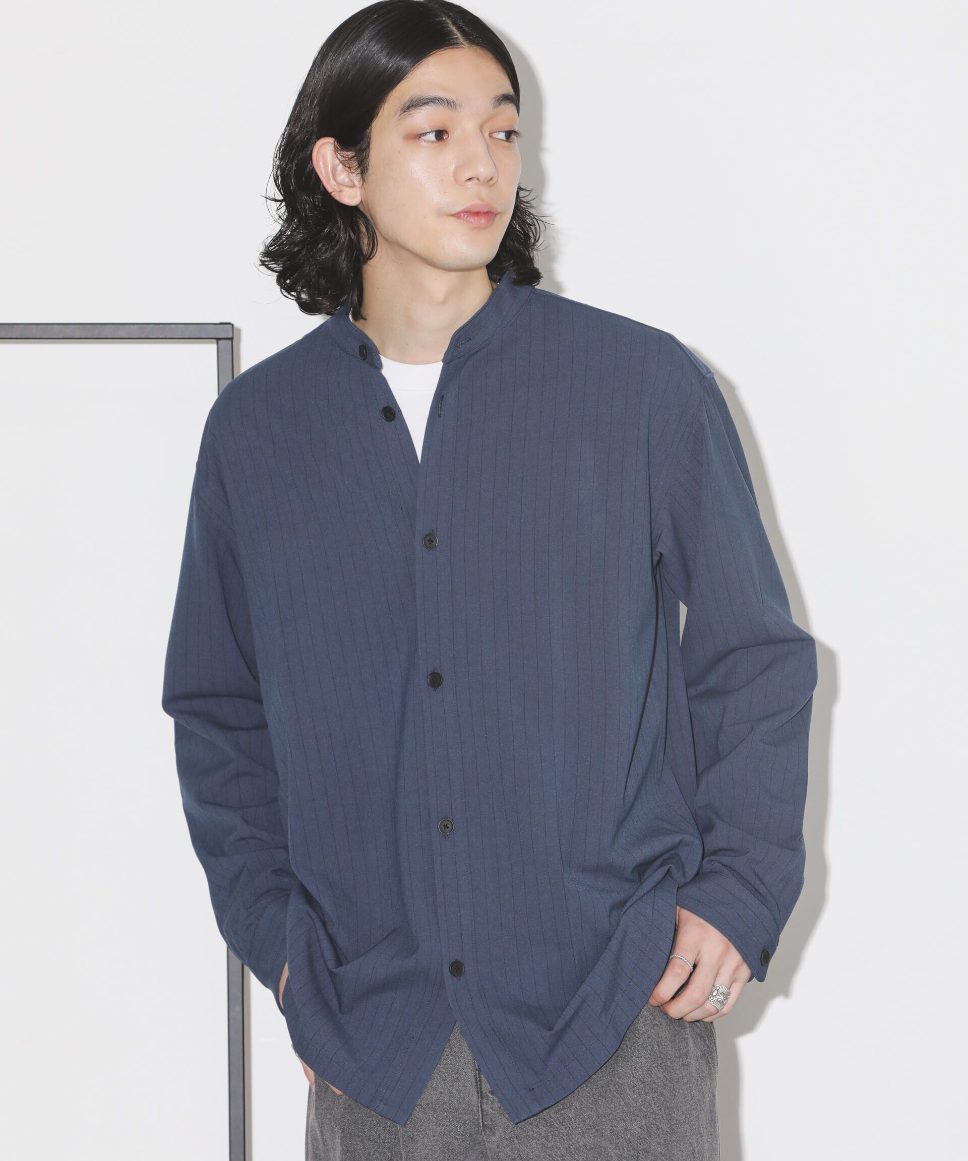 nano･universe「シルキーストライプジャージーバンドカラーシャツ」|シャツ・ブラウス|