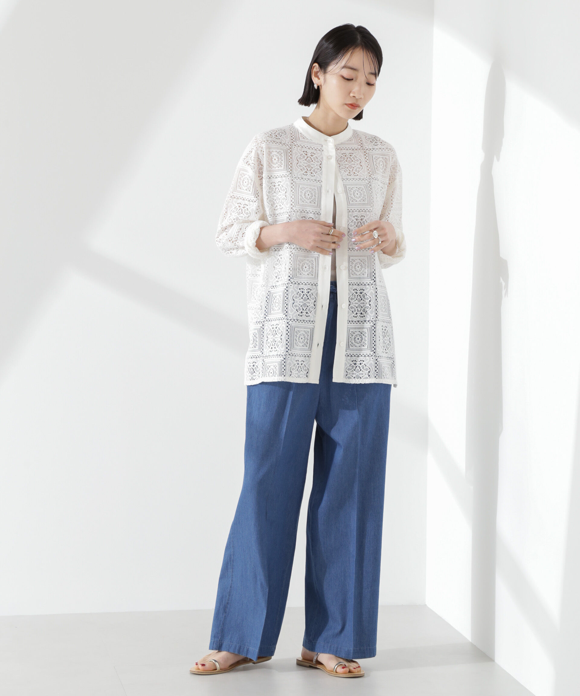 nano･universe「ライトデニムドロストセンタープレスパンツ(セットアップ可)」|チノ|