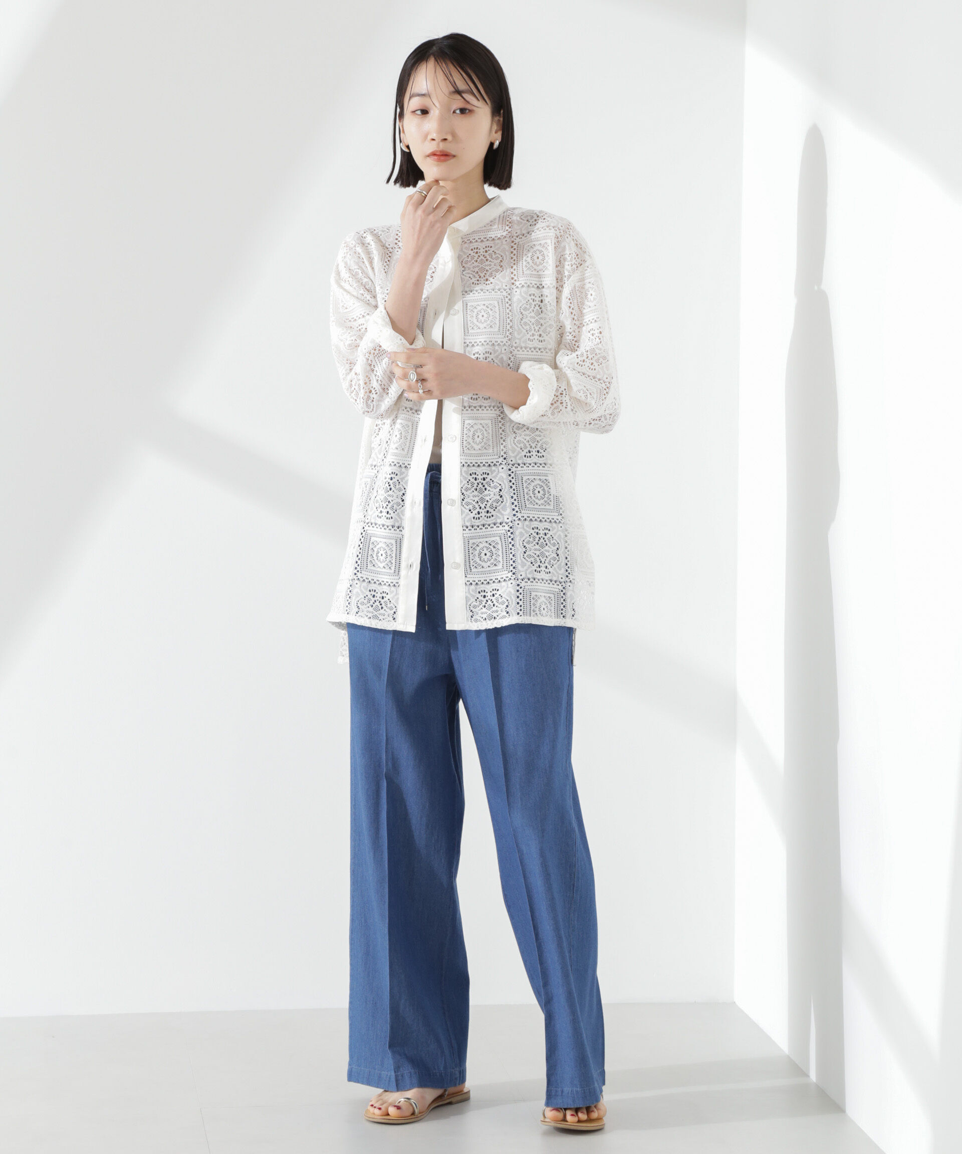 nano･universe「ライトデニムドロストセンタープレスパンツ(セットアップ可)」|チノ|