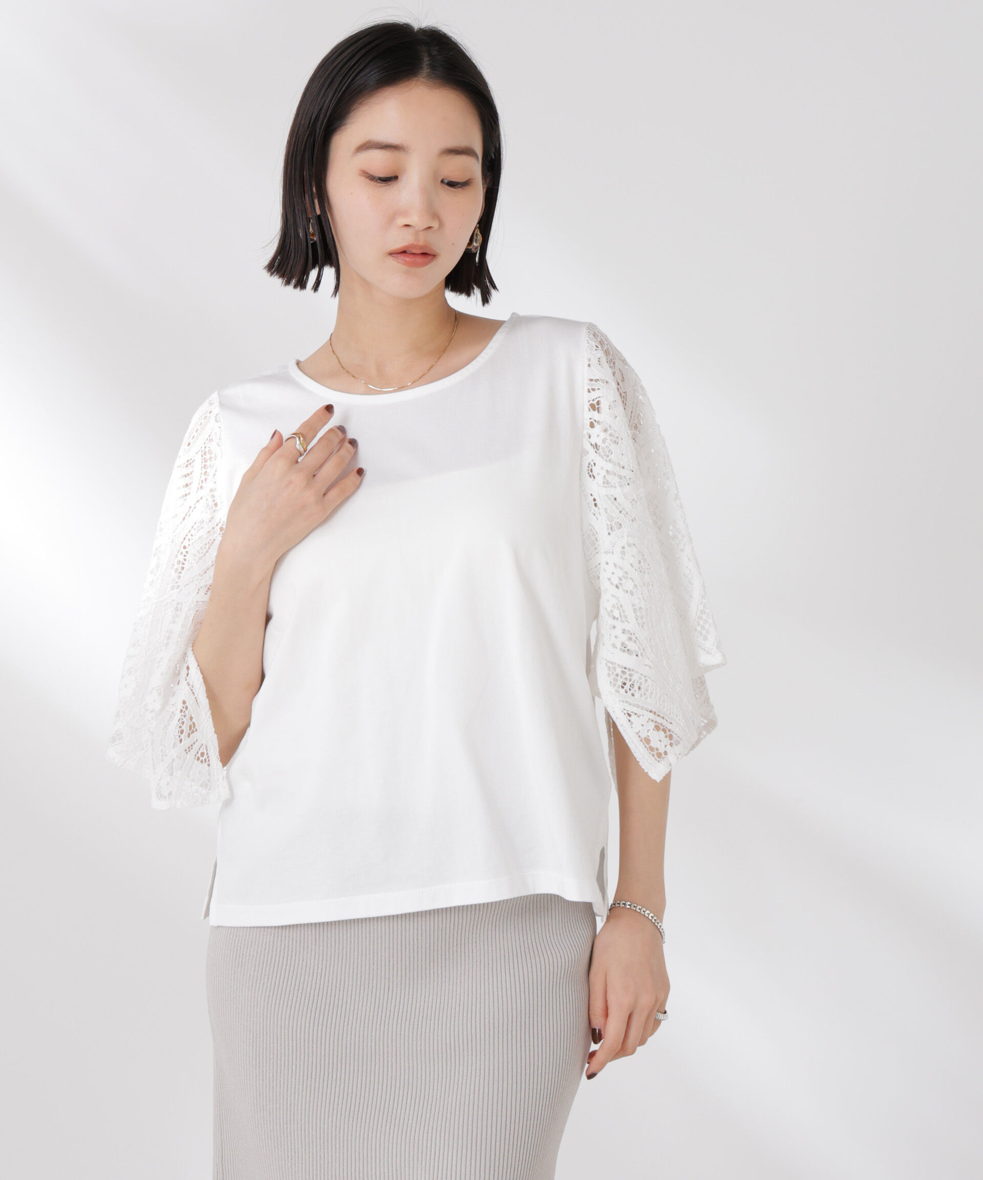 nano･universe「レーススクエアスリーブカットトップス」|Tシャツ・カットソー|