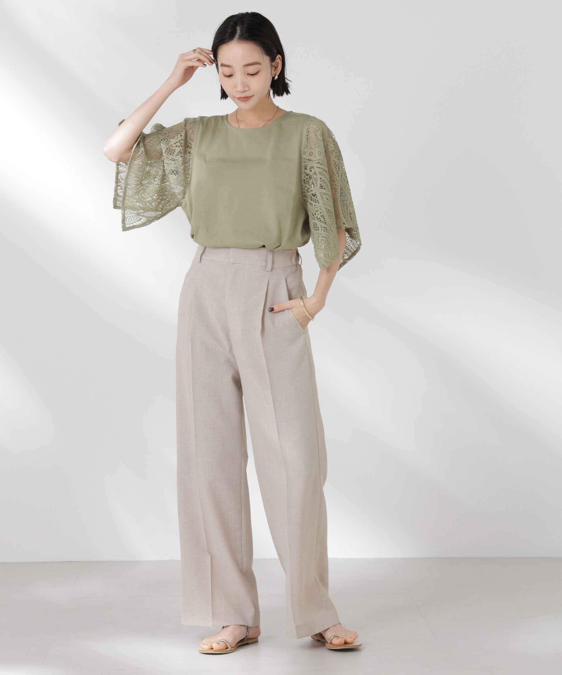 nano･universe「レーススクエアスリーブカットトップス」|Tシャツ・カットソー|