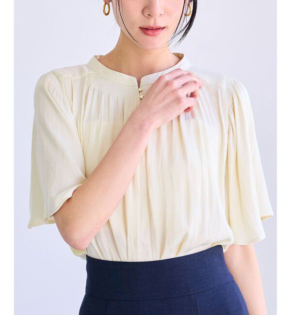 VIS「【2WAY】割繊ハーフスリーブブラウス【洗える】」|シャツ・ブラウス|