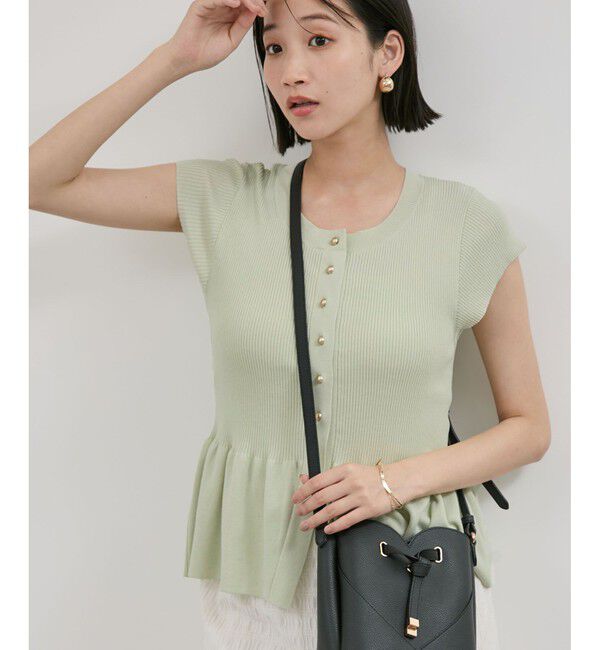 VIS「【アンチピリング/洗える】美SMARTショートスリーブペプラムニット」|ニット・セーター|ライトグリン(33)