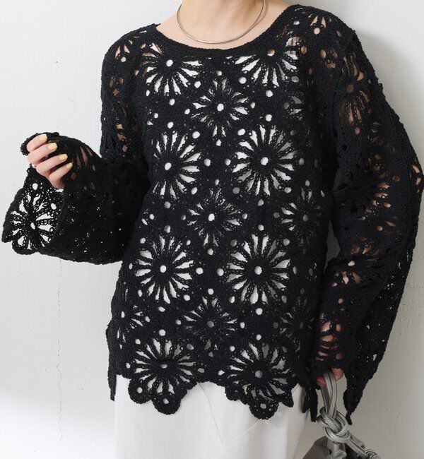  「フラワー柄クロシェニット」|ニット・セーター|ブラック
