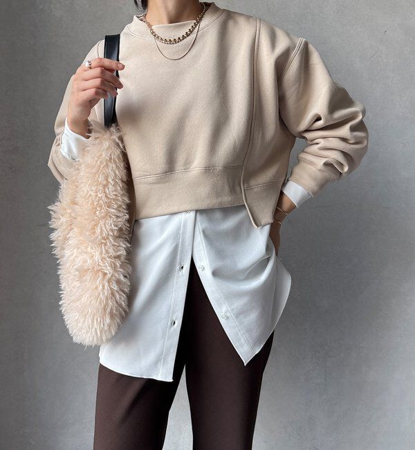  「【WEB限定】裏毛裏起毛ショートトップスアンサンブル」|Tシャツ・カットソー|ベージュ