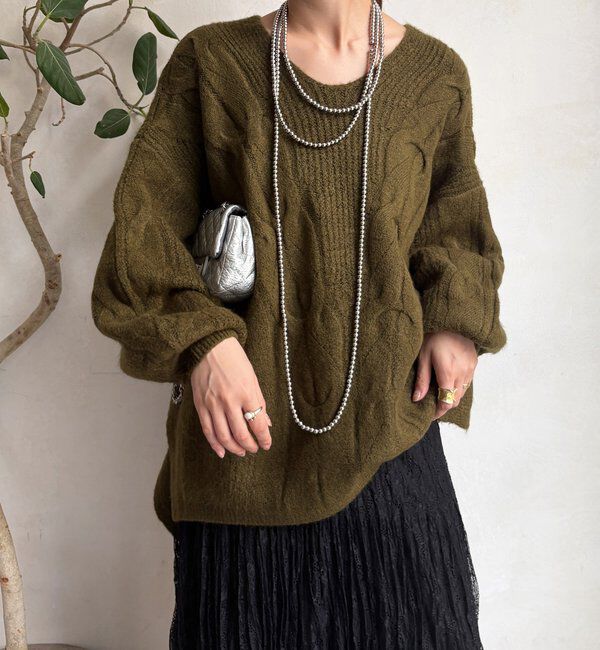  「ボリュームケーブルプルオーバー」|ニット・セーター|カーキ