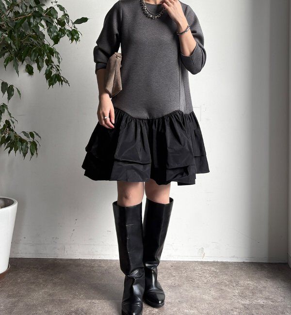  「裾フリル異素材切替ミニワンピース」|ワンピース|