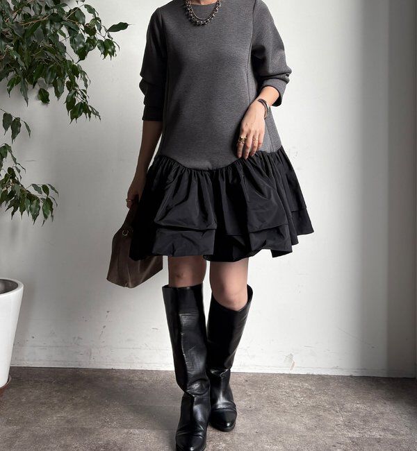  「裾フリル異素材切替ミニワンピース」|ワンピース|