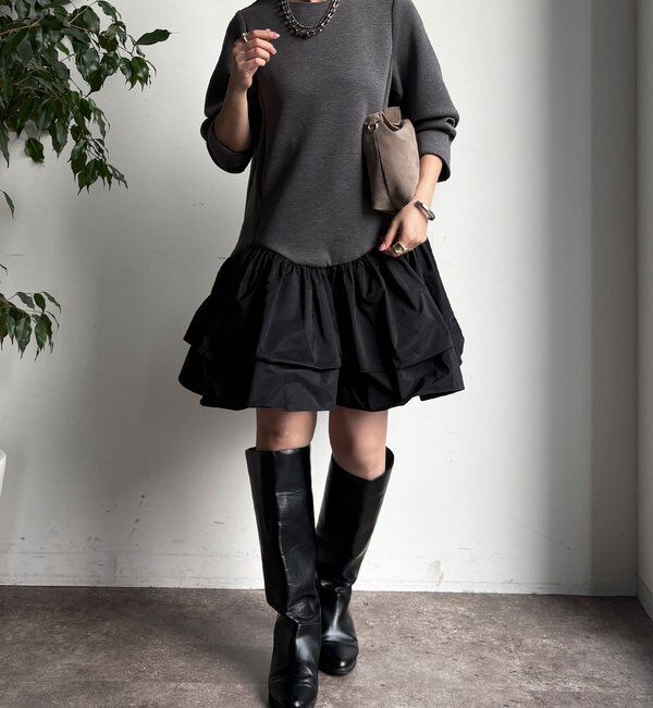  「裾フリル異素材切替ミニワンピース」|ワンピース|