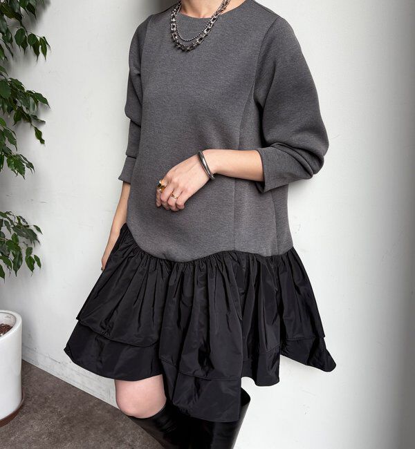  「裾フリル異素材切替ミニワンピース」|ワンピース|