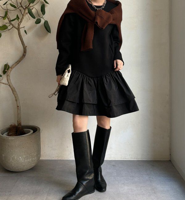  「裾フリル異素材切替ミニワンピース」|ワンピース|