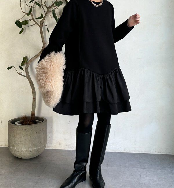  「裾フリル異素材切替ミニワンピース」|ワンピース|