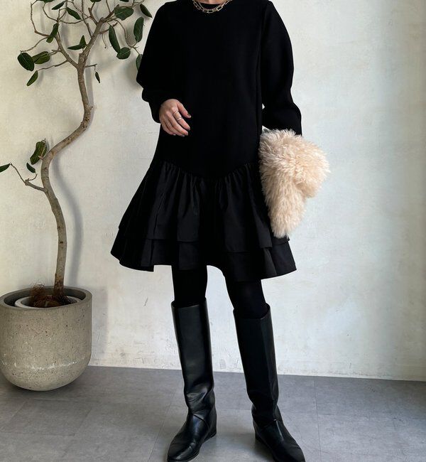  「裾フリル異素材切替ミニワンピース」|ワンピース|