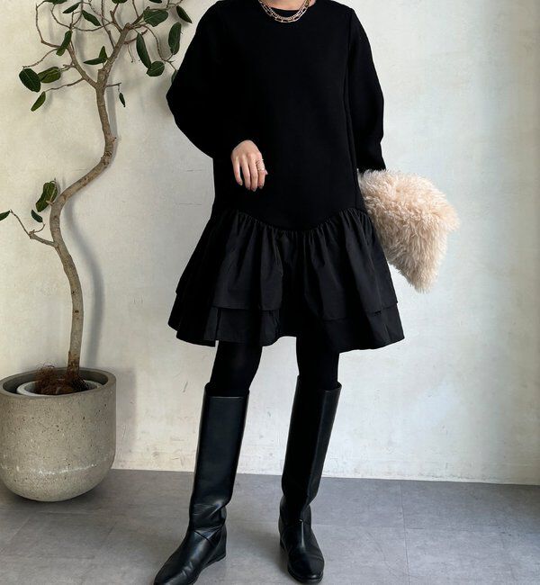  「裾フリル異素材切替ミニワンピース」|ワンピース|