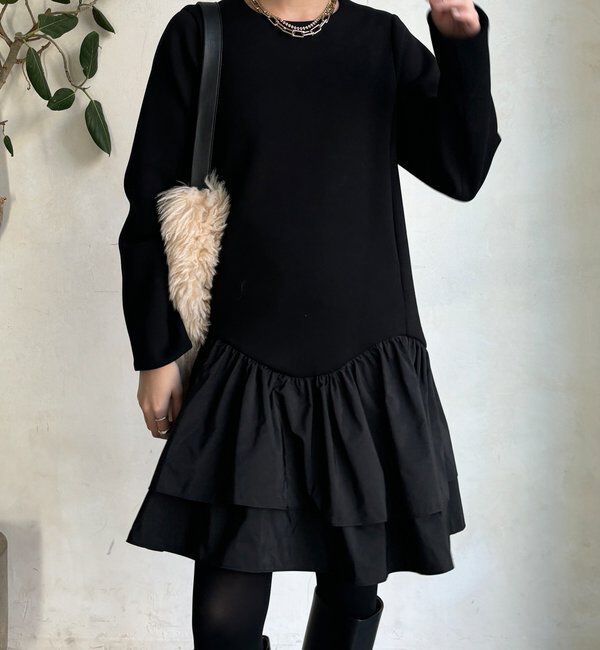  「裾フリル異素材切替ミニワンピース」|ワンピース|