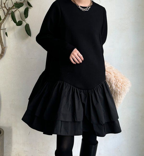  「裾フリル異素材切替ミニワンピース」|ワンピース|