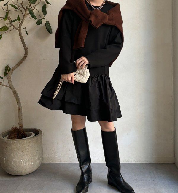  「裾フリル異素材切替ミニワンピース」|ワンピース|