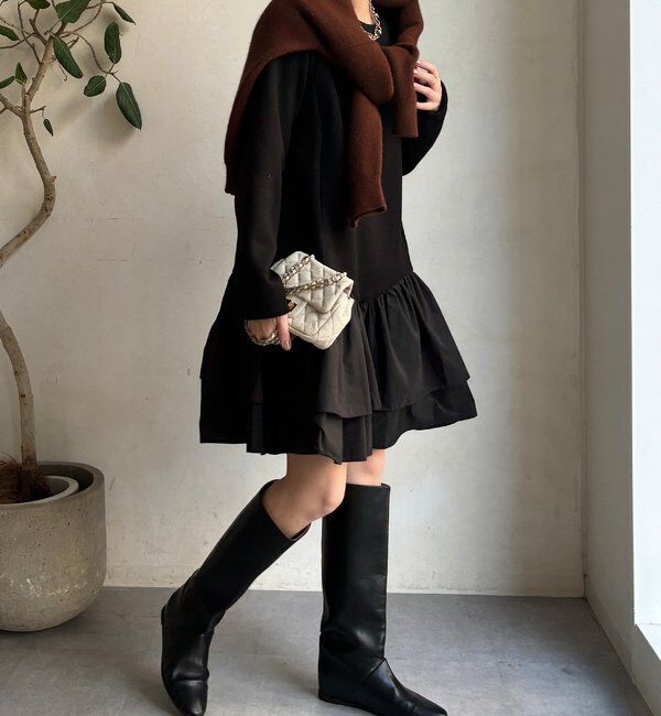  「裾フリル異素材切替ミニワンピース」|ワンピース|