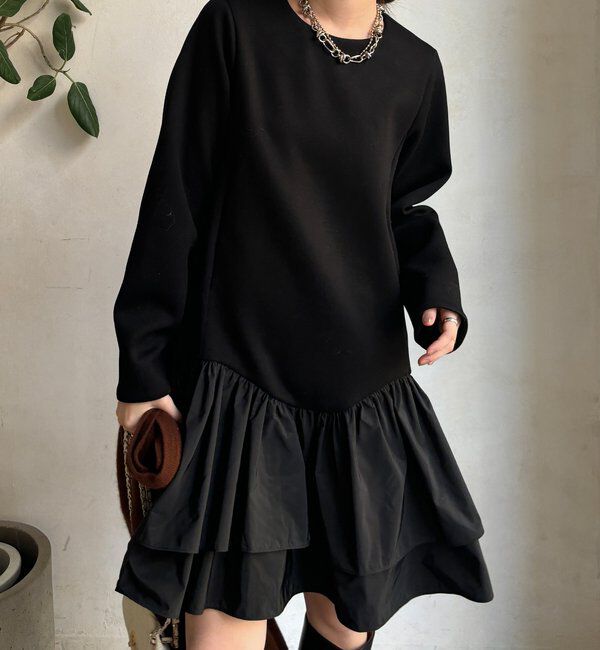  「裾フリル異素材切替ミニワンピース」|ワンピース|