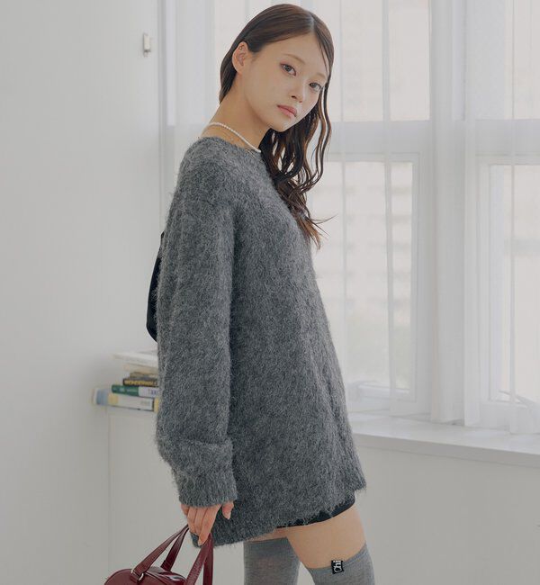  「2wayバックオープンベロアリボンルーズニット」|ニット・セーター|