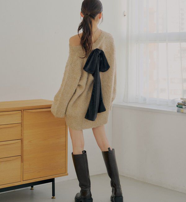  「2wayバックオープンベロアリボンルーズニット」|ニット・セーター|