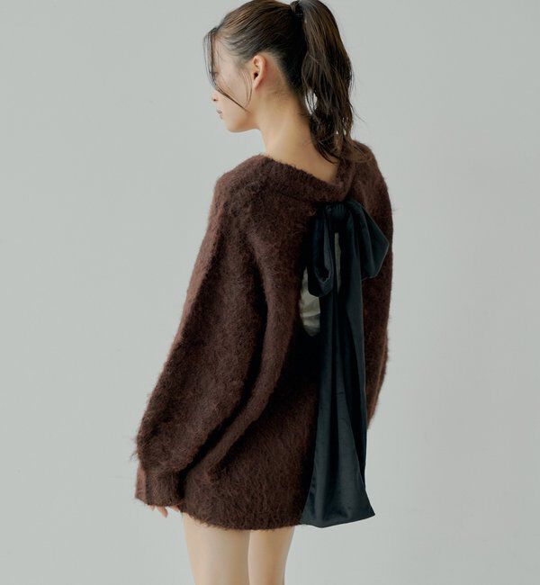  「2wayバックオープンベロアリボンルーズニット」|ニット・セーター|