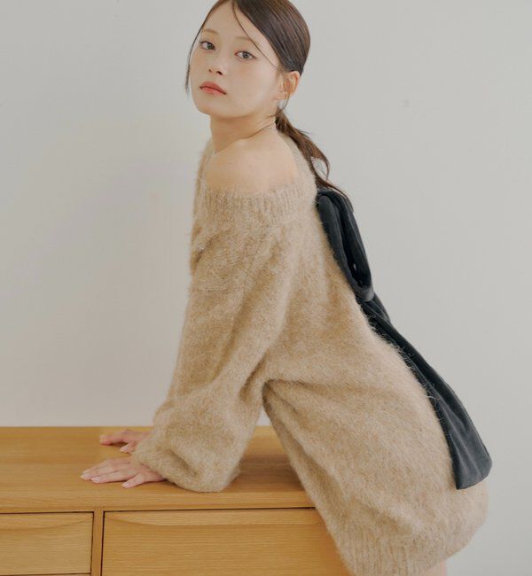  「2wayバックオープンベロアリボンルーズニット」|ニット・セーター|ベージュ