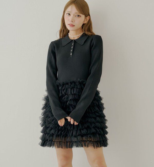  「【SALON by Chico】フリルティアード襟付きミニワンピース」|ワンピース|